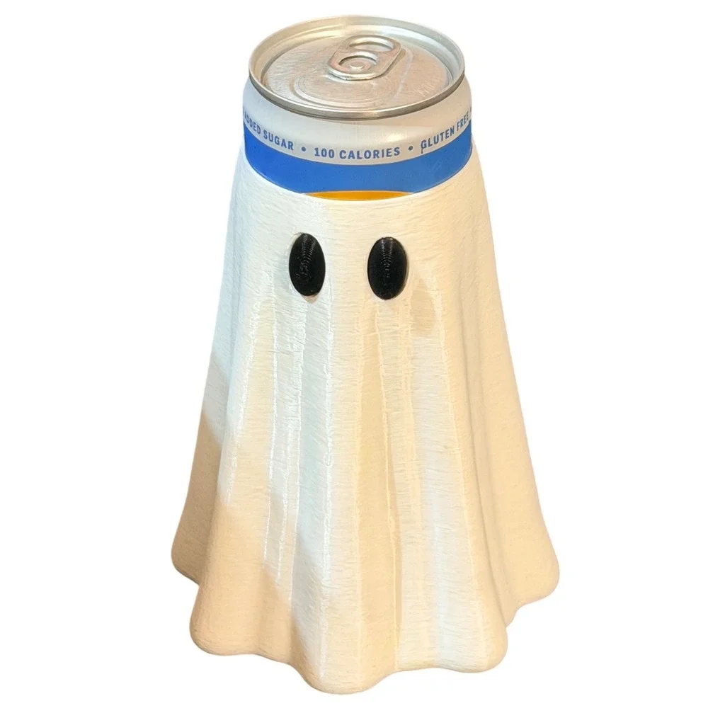 Ghost Can Cooler Sleeve White 3D Printed Halloween Decor Fits 12oz Can Spooky